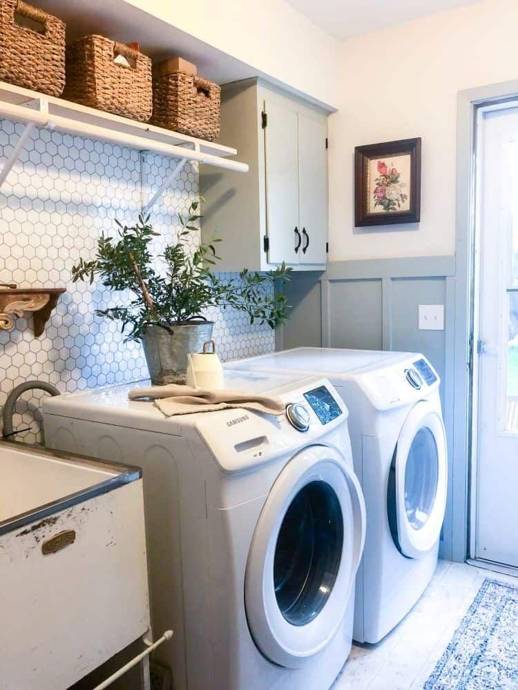 Laundry room makeover with DIY peel + stick tiles
